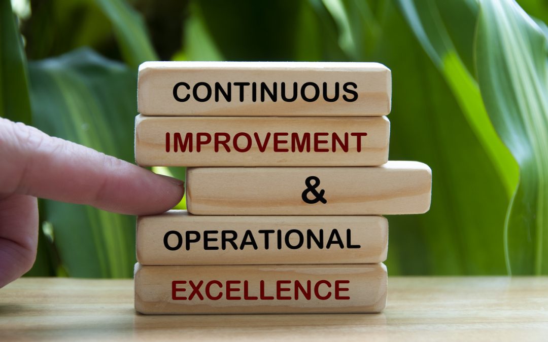 Continuous improvement and operational excellence text on wooden blocks